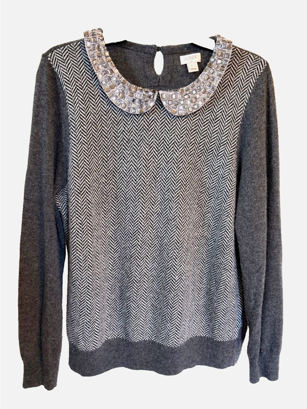 J.Crew Jeweled Peter Pan Collar Merino Wool Sweater Gray Herringbone L